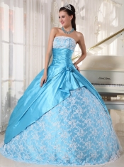 Aqua Blue Ball Gown Strapless Floor-length Taffeta Lace Quinceanera Dress