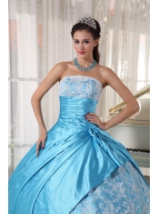 Aqua Blue Ball Gown Strapless Floor-length Taffeta Lace Quinceanera Dress