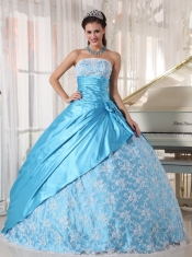 Aqua Blue Ball Gown Strapless Floor-length Taffeta Lace Quinceanera Dress