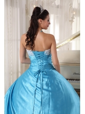 Aqua Blue Ball Gown Strapless Floor-length Taffeta Lace Quinceanera Dress