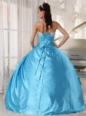 Aqua Blue Ball Gown Strapless Floor-length Taffeta Lace Quinceanera Dress