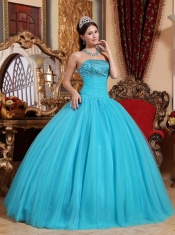 Aqua Blue Ball Gown Strapless Floor-length Tulle Embroidery with Beading Quinceanera Dress