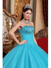 Aqua Blue Ball Gown Strapless Floor-length Tulle Embroidery with Beading Quinceanera Dress