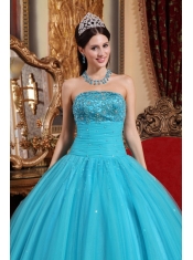 Aqua Blue Ball Gown Strapless Floor-length Tulle Embroidery with Beading Quinceanera Dress