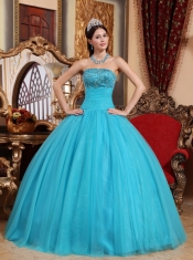 Aqua Blue Ball Gown Strapless Floor-length Tulle Embroidery with Beading Quinceanera Dress