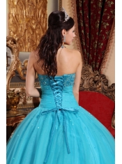 Aqua Blue Ball Gown Strapless Floor-length Tulle Embroidery with Beading Quinceanera Dress