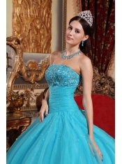 Aqua Blue Ball Gown Strapless Floor-length Tulle Embroidery with Beading Quinceanera Dress