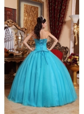 Aqua Blue Ball Gown Strapless Floor-length Tulle Embroidery with Beading Quinceanera Dress