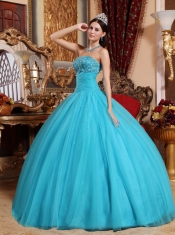 Aqua Blue Ball Gown Strapless Floor-length Tulle Embroidery with Beading Quinceanera Dress