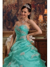 Turquoise Ball Gown Sweetheart Floor-length Appliques Organza Quinceanera Dress