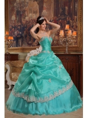 Turquoise Ball Gown Sweetheart Floor-length Appliques Organza Quinceanera Dress