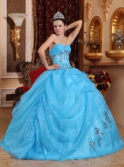 Aqua Blue Ball Gown Sweetheart Floor-length Organza Beading Quinceanera Dress