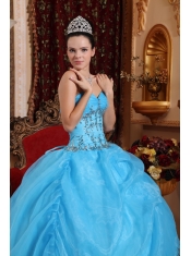 Aqua Blue Ball Gown Sweetheart Floor-length Organza Beading Quinceanera Dress