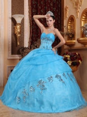 Aqua Blue Ball Gown Sweetheart Floor-length Organza Beading Quinceanera Dress