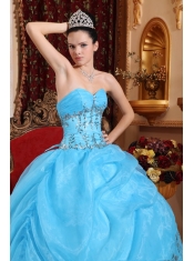 Aqua Blue Ball Gown Sweetheart Floor-length Organza Beading Quinceanera Dress