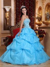 Aqua Blue Ball Gown Sweetheart Floor-length Organza Beading Quinceanera Dress