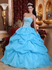Aqua Blue Ball Gown Sweetheart Floor-length Organza Beading Quinceanera Dress