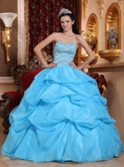 Aqua Blue Ball Gown Sweetheart Floor-length Organza Beading Quinceanera Dress