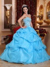 Aqua Blue Ball Gown Sweetheart Floor-length Organza Beading Quinceanera Dress