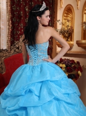 Aqua Blue Ball Gown Sweetheart Floor-length Organza Beading Quinceanera Dress