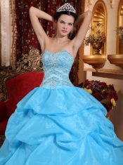 Aqua Blue Ball Gown Sweetheart Floor-length Organza Beading Quinceanera Dress