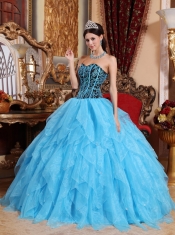 Aqua Blue Ball Gown Sweetheart Floor-length Organza Embroidery with Beading Quinceanera Dress