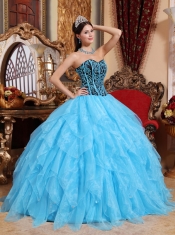 Aqua Blue Ball Gown Sweetheart Floor-length Organza Embroidery with Beading Quinceanera Dress