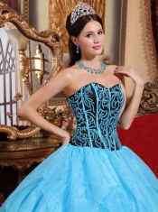 Aqua Blue Ball Gown Sweetheart Floor-length Organza Embroidery with Beading Quinceanera Dress