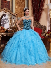 Aqua Blue Ball Gown Sweetheart Floor-length Organza Embroidery with Beading Quinceanera Dress