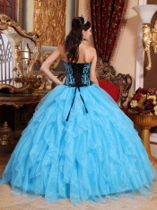 Aqua Blue Ball Gown Sweetheart Floor-length Organza Embroidery with Beading Quinceanera Dress