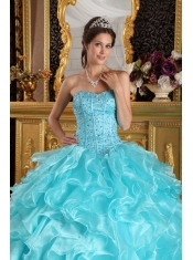 Aqua Blue Ball Gown Sweetheart Floor-length Ruffles Organza Quinceanera Dress