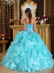 Aqua Blue Ball Gown Sweetheart Floor-length Ruffles Organza Quinceanera Dress