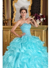 Aqua Blue Ball Gown Sweetheart Floor-length Ruffles Organza Quinceanera Dress