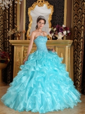 Aqua Blue Ball Gown Sweetheart Floor-length Ruffles Organza Quinceanera Dress