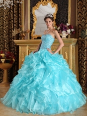 Aqua Blue Ball Gown Sweetheart Floor-length Ruffles Organza Quinceanera Dress
