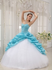 Aqua Blue Ball Gown Sweetheart Floor-length Taffeta and Tulle Beading Quinceanera Dress