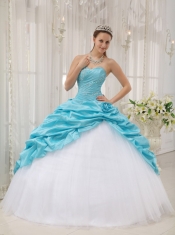 Aqua Blue Ball Gown Sweetheart Floor-length Taffeta and Tulle Beading Quinceanera Dress