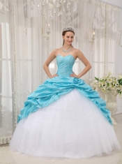 Aqua Blue Ball Gown Sweetheart Floor-length Taffeta and Tulle Beading Quinceanera Dress