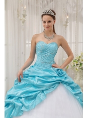 Aqua Blue Ball Gown Sweetheart Floor-length Taffeta and Tulle Beading Quinceanera Dress