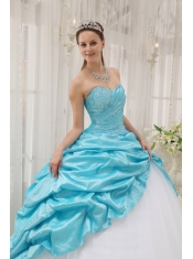 Aqua Blue Ball Gown Sweetheart Floor-length Taffeta and Tulle Beading Quinceanera Dress