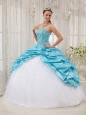 Aqua Blue Ball Gown Sweetheart Floor-length Taffeta and Tulle Beading Quinceanera Dress