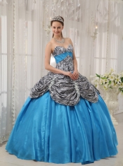 Aqua Blue Ball Gown Sweetheart Floor-length Taffeta and Zebra Quinceanera Dress