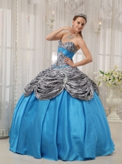 Aqua Blue Ball Gown Sweetheart Floor-length Taffeta and Zebra Quinceanera Dress