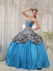 Aqua Blue Ball Gown Sweetheart Floor-length Taffeta and Zebra Quinceanera Dress