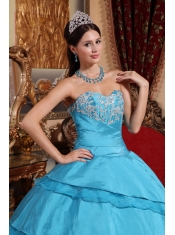 Aqua Blue Ball Gown Sweetheart Floor-length Taffeta Appliques Quinceanera Dress