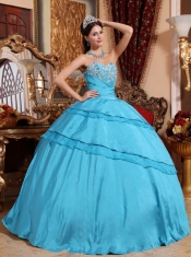 Aqua Blue Ball Gown Sweetheart Floor-length Taffeta Appliques Quinceanera Dress