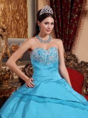 Aqua Blue Ball Gown Sweetheart Floor-length Taffeta Appliques Quinceanera Dress