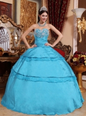 Aqua Blue Ball Gown Sweetheart Floor-length Taffeta Appliques Quinceanera Dress