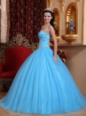 Sweetheart Aqua Blue Ball Gown Floor-length Tulle and Taffeta Beading Quinceanera Dress