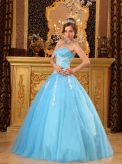 Aqua Blue Ball Gown Sweetheart Floor-length Tulle Appliques Quinceanera Dress